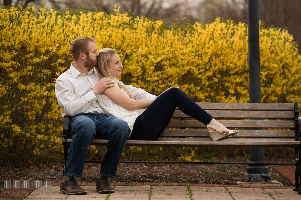 Engaged girl snuggling with her fiance on the bench by the forsythia trees. Quiet Waters Park Annapolis Maryland pre-wedding engagement photo session, by wedding photographers of Leo Dj Photography. http://leodjphoto.com