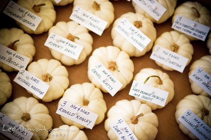 Small white pumpkins for wedding reception table number assignment. Annapolis Wedding Photographer, Wedding at St Mary's Catholic Church Annapolis Maryland.