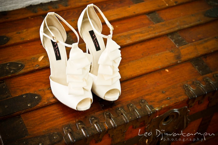 The bride's white stiletto, high heel, wedding shoes. Annapolis Wedding Photographer, Wedding at St Mary's Catholic Church Annapolis Maryland.