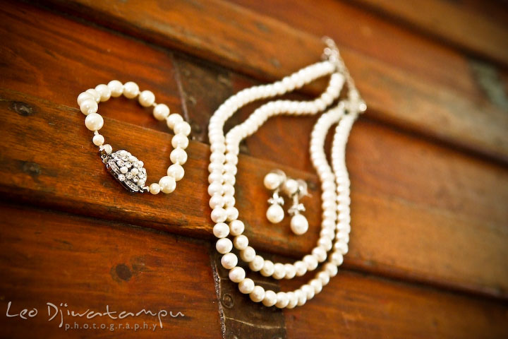 The bride's jeweleries, pearl bracelet, earings, and necklace. Annapolis Wedding Photographer, Wedding at St Mary's Catholic Church Annapolis Maryland.