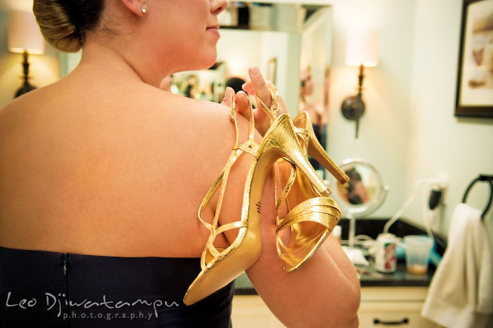 Gold high heel, stiletto shoes, for the bridesmaids and maid of honor. Annapolis Wedding Photographer, Wedding at St Mary's Catholic Church Annapolis Maryland.