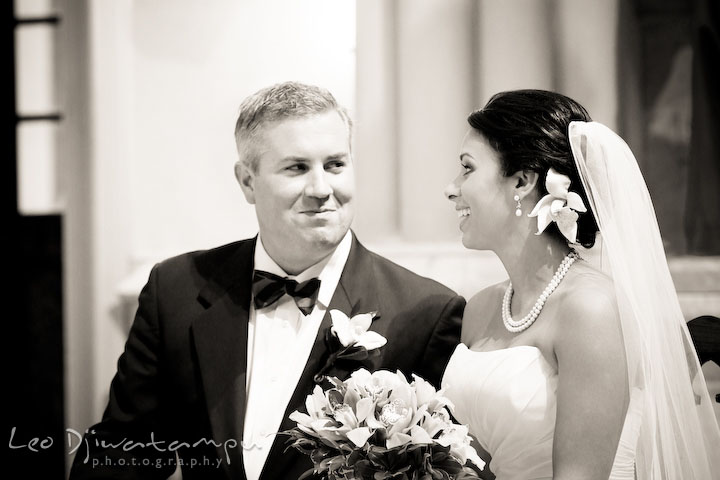 Bride and groom happy to see each other at the church ceremony. Annapolis Wedding Photographer, Wedding at St Mary's Catholic Church Annapolis Maryland.
