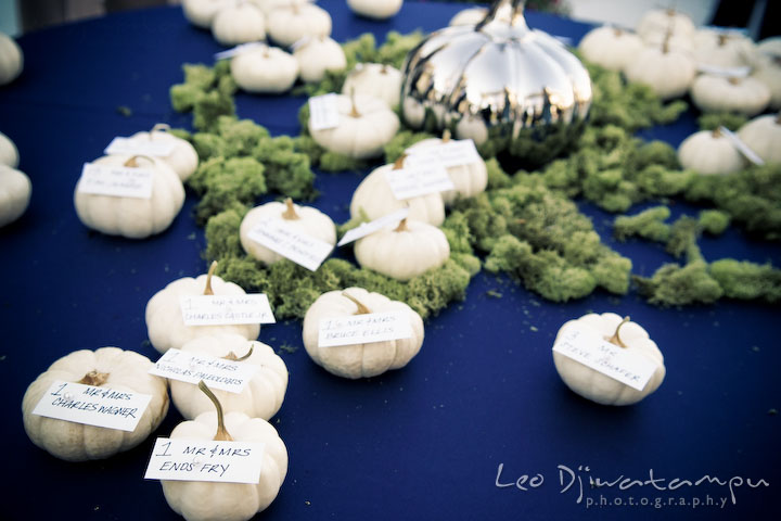 White pumpkin decoration for table assignment. Annapolis Kent Island Maryland Wedding Photography with live dance band at reception