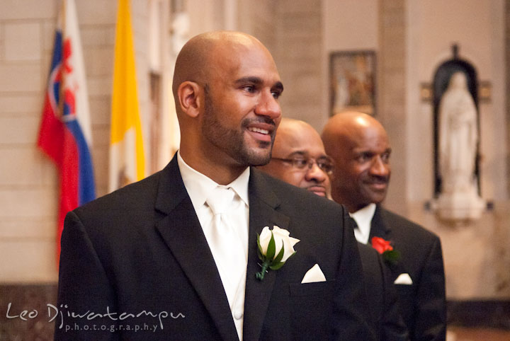 Groom emotional looking at bride the first time. The Grand Marquis, Old Bridge, New Jersey wedding photos by wedding photographers of Leo Dj Photography. 