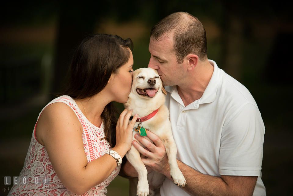 Engaged couple kissing their happy dog. Leesburg Virginia pre-wedding engagement photo session at River Creek Club, by wedding photographers of Leo Dj Photography. http://leodjphoto.com