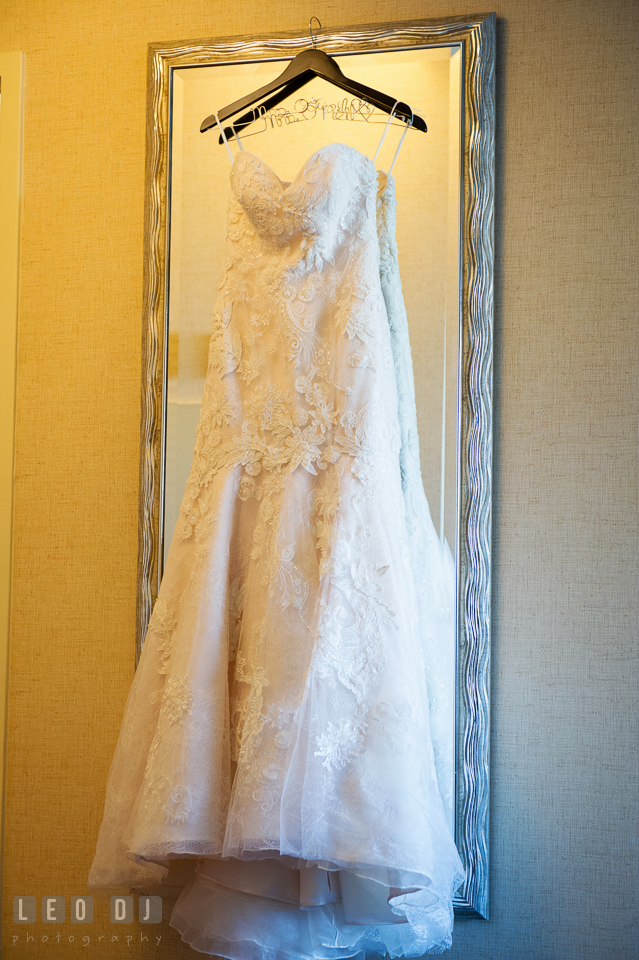 Beautiful lace wedding gown from Dryden Dress. Hyatt Regency Chesapeake Bay wedding at Cambridge Maryland, by wedding photographers of Leo Dj Photography. http://leodjphoto.com