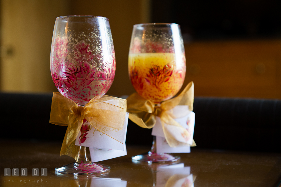 Custom wine glasses with Bride and Bridesmaids' names. Hyatt Regency Chesapeake Bay wedding at Cambridge Maryland, by wedding photographers of Leo Dj Photography. http://leodjphoto.com