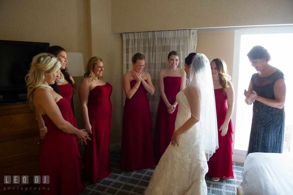 Bridesmaids, Maid of Honor, and Mother excited to see Bride in her wedding gown. Hyatt Regency Chesapeake Bay wedding at Cambridge Maryland, by wedding photographers of Leo Dj Photography. http://leodjphoto.com