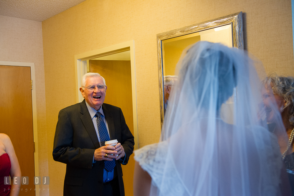 Grandfather of the Bride happy to see Bride in wedding dress. Hyatt Regency Chesapeake Bay wedding at Cambridge Maryland, by wedding photographers of Leo Dj Photography. http://leodjphoto.com