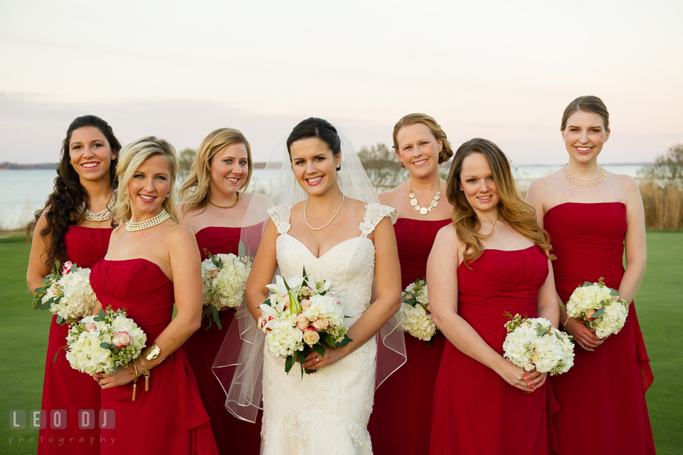 Bride posing with Maid of Honor and Bridesmaids. Hyatt Regency Chesapeake Bay wedding at Cambridge Maryland, by wedding photographers of Leo Dj Photography. http://leodjphoto.com