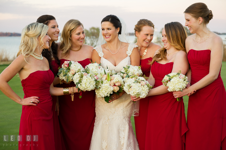 The Bride, Maid of Honor and Bridesmaids showing their flower bouquets. Hyatt Regency Chesapeake Bay wedding at Cambridge Maryland, by wedding photographers of Leo Dj Photography. http://leodjphoto.com