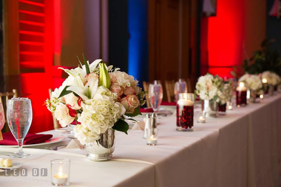 Beautiful decors and table centerpieces. Hyatt Regency Chesapeake Bay wedding at Cambridge Maryland, by wedding photographers of Leo Dj Photography. http://leodjphoto.com