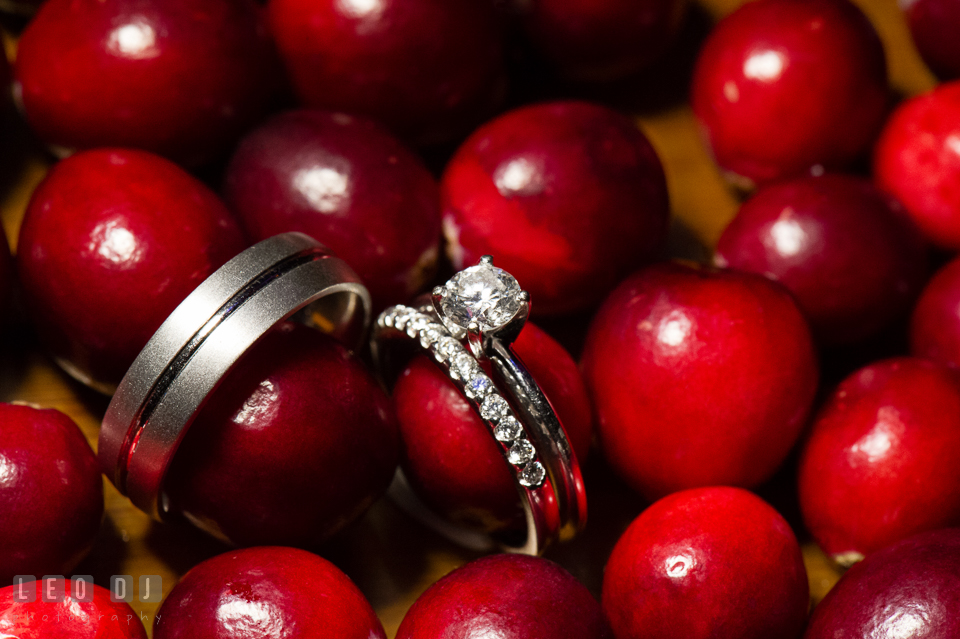 The diamond engagement ring with Bride's wedding ring and Groom's wedding band. Hyatt Regency Chesapeake Bay wedding at Cambridge Maryland, by wedding photographers of Leo Dj Photography. http://leodjphoto.com