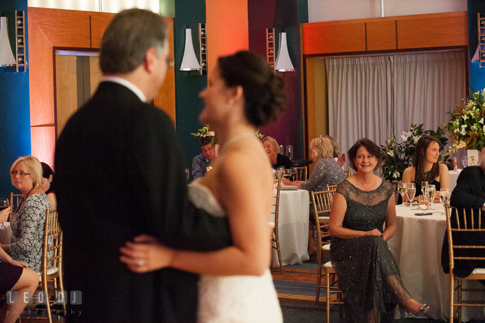 Mother of the Bride looking at Bride and father dancing. Hyatt Regency Chesapeake Bay wedding at Cambridge Maryland, by wedding photographers of Leo Dj Photography. http://leodjphoto.com