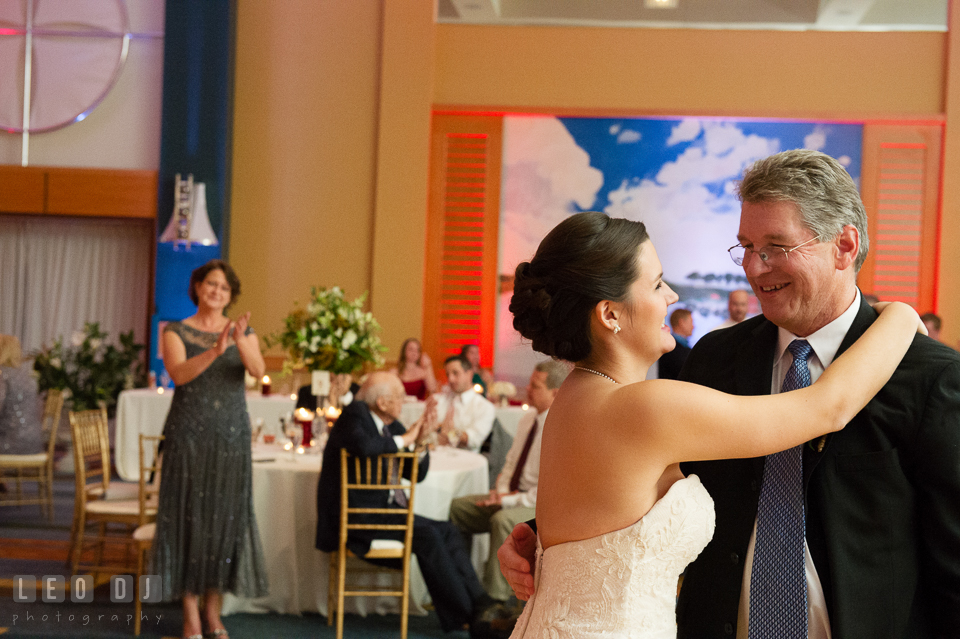 Bride and her father after the parent dance. Hyatt Regency Chesapeake Bay wedding at Cambridge Maryland, by wedding photographers of Leo Dj Photography. http://leodjphoto.com