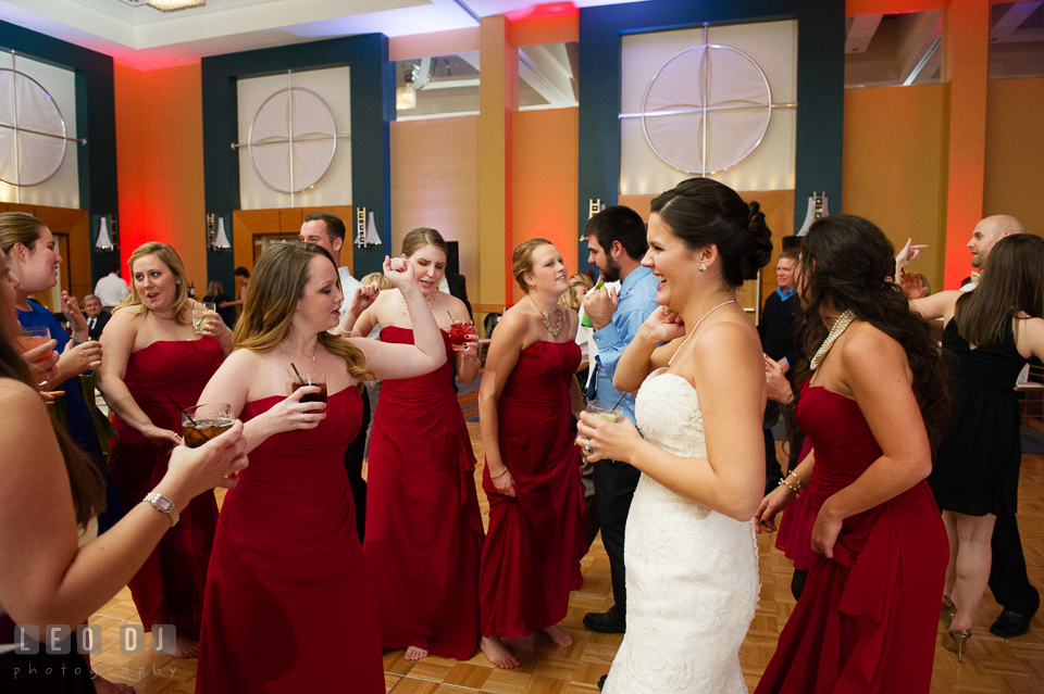 Bride dances with Bridesmaids and Maid of Honor. Hyatt Regency Chesapeake Bay wedding at Cambridge Maryland, by wedding photographers of Leo Dj Photography. http://leodjphoto.com