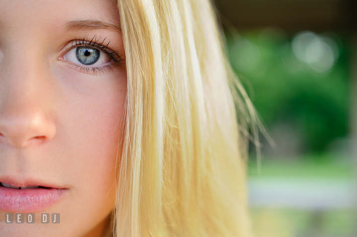 Close up face shot of beautiful girl with blue eyes and blonde hair. Kent Island and Annapolis, Eastern Shore, Maryland model portrait photo session at Sandy Point Beach by photographer Leo Dj Photography. http://leodjphoto.com