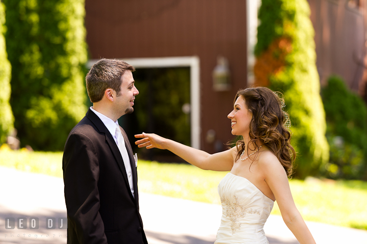 Bride and Groom see each other for the first time during first glance. Ostertag Vistas wedding ceremony photos at Myersville, Maryland by photographers of Leo Dj Photography. http://leodjphoto.com