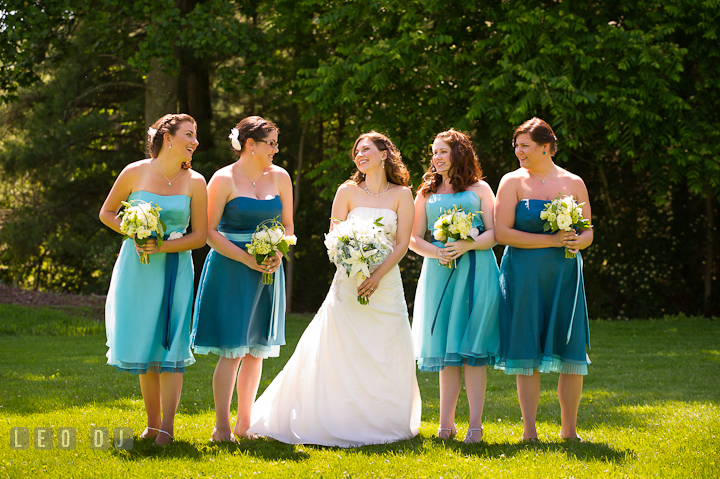 Bride, Maid of Honor, and Bridesmaids laughing and talking together. Ostertag Vistas wedding ceremony photos at Myersville, Maryland by photographers of Leo Dj Photography. http://leodjphoto.com