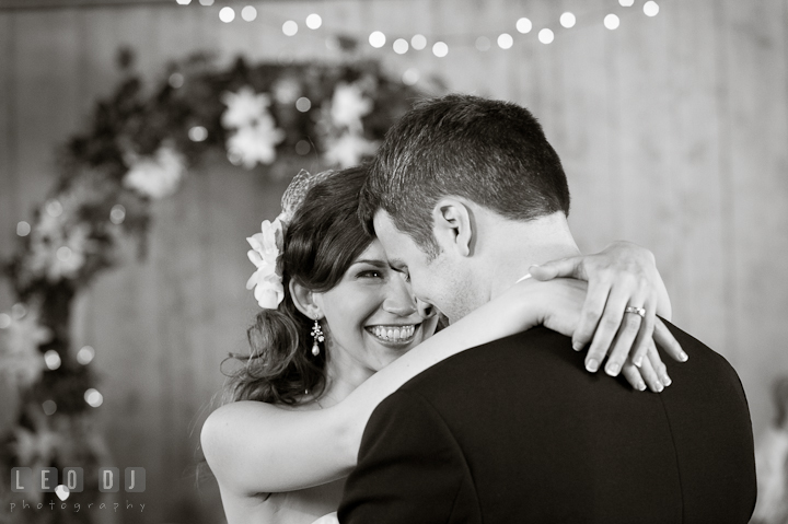 Bride smiled during first dance with Groom. Ostertag Vistas wedding reception photos at Myersville, Maryland by photographers of Leo Dj Photography. http://leodjphoto.com