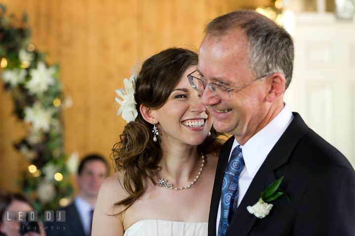 Bride smiled during Father and daughter dance. Ostertag Vistas wedding reception photos at Myersville, Maryland by photographers of Leo Dj Photography. http://leodjphoto.com