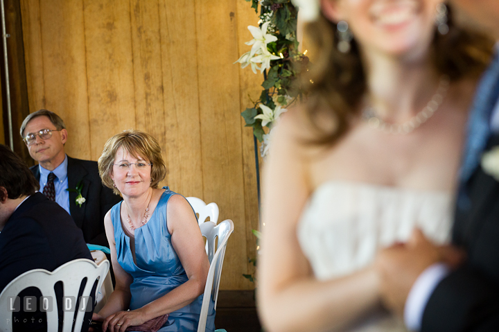 Mother smiled looking at Bride during Father and daughter dance. Ostertag Vistas wedding reception photos at Myersville, Maryland by photographers of Leo Dj Photography. http://leodjphoto.com