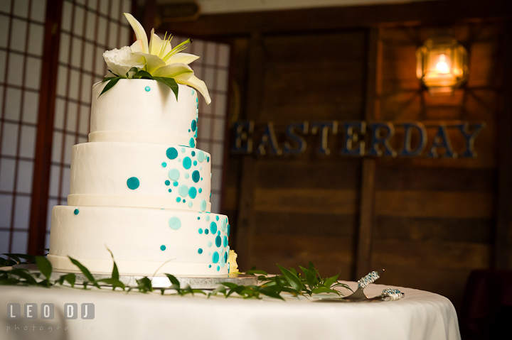 Wedding cake with Easterday lettering in the background. Ostertag Vistas wedding reception photos at Myersville, Maryland by photographers of Leo Dj Photography. http://leodjphoto.com