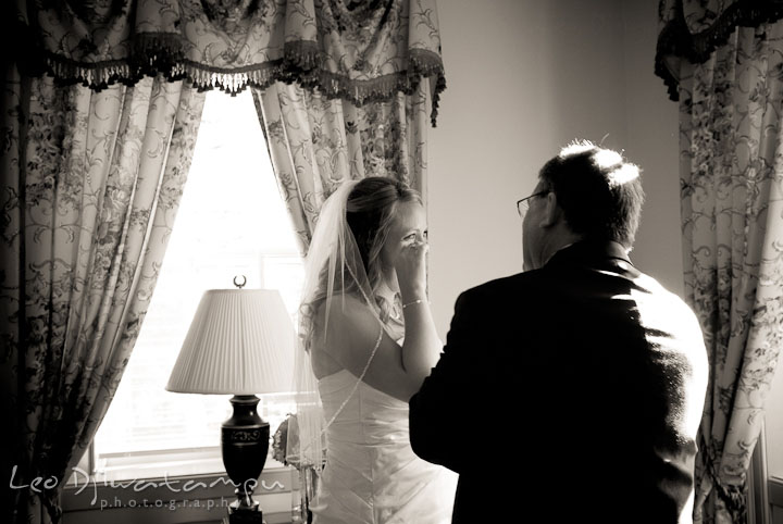 Bride crying meeting father one last time before walking the isle. Mariott Aspen Wye River Conference Center Wedding photos at Queenstown Eastern Shore Maryland, by photographers of Leo Dj Photography.