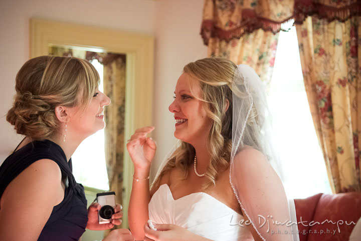 Bride's sister, matron of honor happy to see Bride. Mariott Aspen Wye River Conference Center Wedding photos at Queenstown Eastern Shore Maryland, by photographers of Leo Dj Photography.