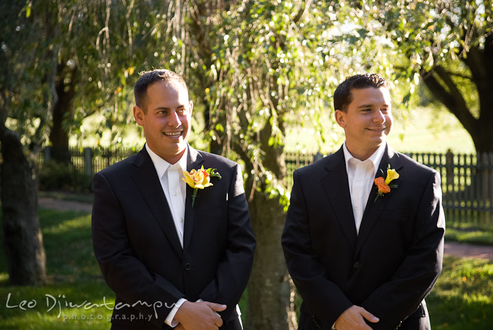 Groom and Best Man smiled looking at Bride walking down the isle. Mariott Aspen Wye River Conference Center Wedding photos at Queenstown Eastern Shore Maryland, by photographers of Leo Dj Photography.