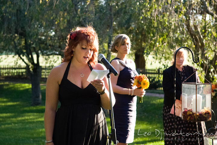 Bride's best friend reading a passage. Mariott Aspen Wye River Conference Center Wedding photos at Queenstown Eastern Shore Maryland, by photographers of Leo Dj Photography.