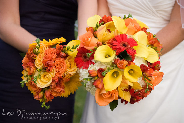 Bride and Maid of honor showing their floral bouquet. Mariott Aspen Wye River Conference Center Wedding photos at Queenstown Eastern Shore Maryland, by photographers of Leo Dj Photography.