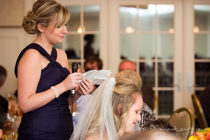 Sister of Bride and Maid of Honor giving speech. Mariott Aspen Wye River Conference Center Wedding photos at Queenstown Eastern Shore Maryland, by photographers of Leo Dj Photography.