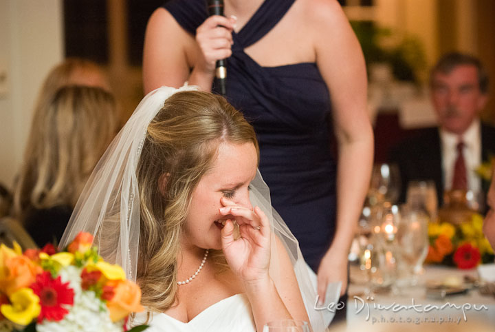 Bride touched by Matron of Honor's speech. Mariott Aspen Wye River Conference Center Wedding photos at Queenstown Eastern Shore Maryland, by photographers of Leo Dj Photography.