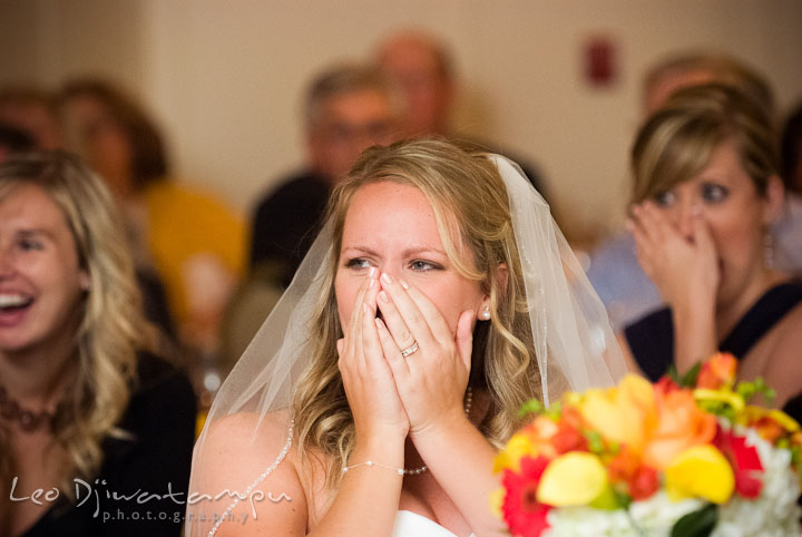 Bride emotional seeing photo slideshow. Mariott Aspen Wye River Conference Center Wedding photos at Queenstown Eastern Shore Maryland, by photographers of Leo Dj Photography.