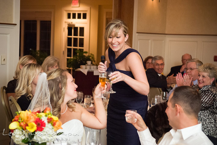 Maid of honor giving toast to Bride and Groom. Mariott Aspen Wye River Conference Center Wedding photos at Queenstown Eastern Shore Maryland, by photographers of Leo Dj Photography.