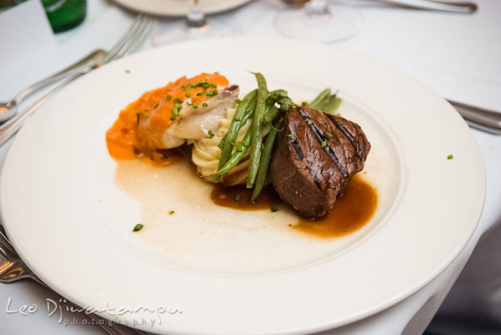 Main course menu with beef steak and salmon. Mariott Aspen Wye River Conference Center Wedding photos at Queenstown Eastern Shore Maryland, by photographers of Leo Dj Photography.