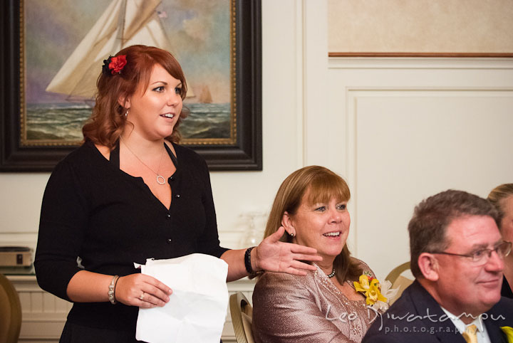 Bride's best friend giving speech and poem. Mariott Aspen Wye River Conference Center Wedding photos at Queenstown Eastern Shore Maryland, by photographers of Leo Dj Photography.