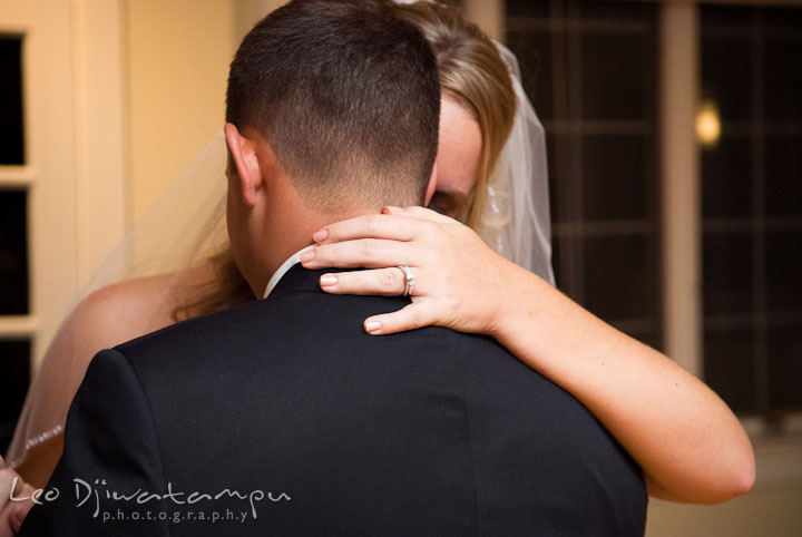 Bride and groom cuddling while dancing. Mariott Aspen Wye River Conference Center Wedding photos at Queenstown Eastern Shore Maryland, by photographers of Leo Dj Photography.