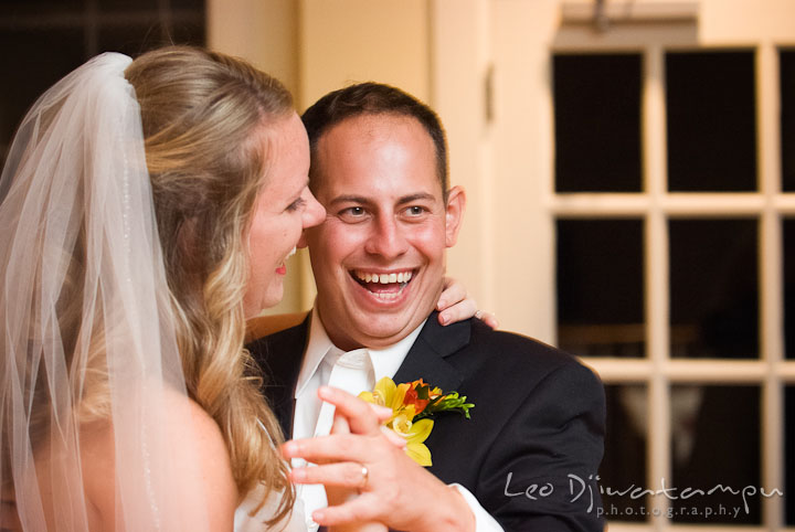 Bride and groom laughing during first dance. Mariott Aspen Wye River Conference Center Wedding photos at Queenstown Eastern Shore Maryland, by photographers of Leo Dj Photography.