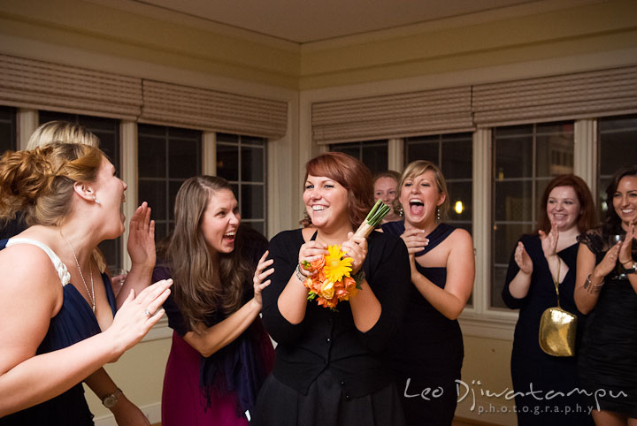 Bride's best friend cought bouquet from toss. Mariott Aspen Wye River Conference Center Wedding photos at Queenstown Eastern Shore Maryland, by photographers of Leo Dj Photography.