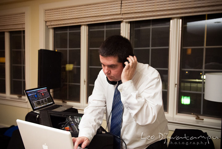 DJ Justin Darling in action. Mariott Aspen Wye River Conference Center Wedding photos at Queenstown Eastern Shore Maryland, by photographers of Leo Dj Photography.