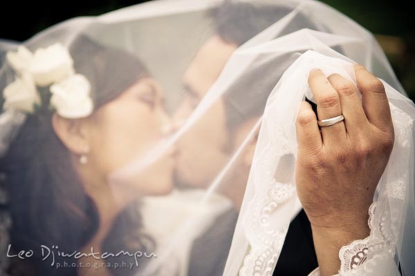 bride and groom, kissing under the veil, showing wedding ring