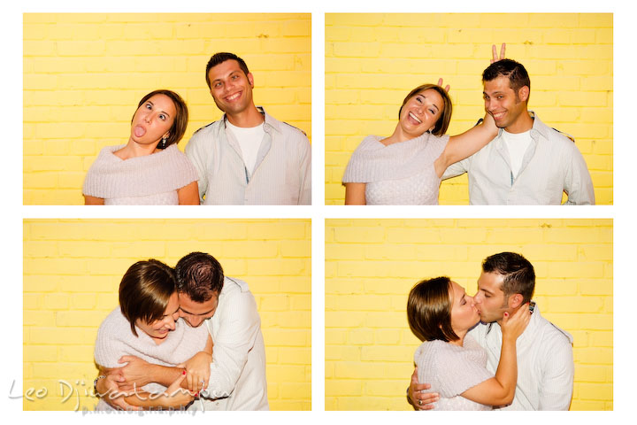 Engaged couple doing photobooth style goofy poses. Candid Old Town Alexandria Virginia Engagement Photography Session by Wedding Photographer Leo Dj