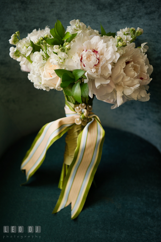 Lovely bridal flower bouquet with peonies from florist Highway to Hill. Falls Church Virginia 2941 Restaurant wedding ceremony and reception photo, by wedding photographers of Leo Dj Photography. http://leodjphoto.com