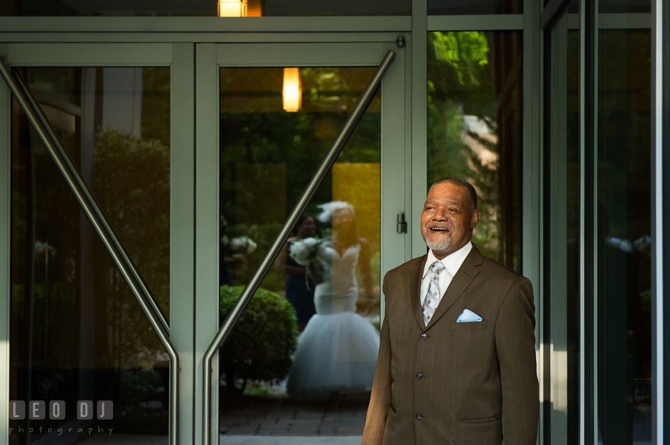 Uncle of the Bride's happy expression upon seeing the Bride for the first time in her wedding gown. Falls Church Virginia 2941 Restaurant wedding ceremony and reception photo, by wedding photographers of Leo Dj Photography. http://leodjphoto.com