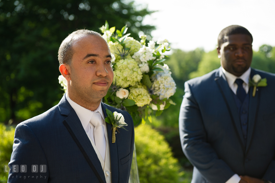 Groom happy to see Bride for the first time in her beautiful wedding dress walking down the aisle. Falls Church Virginia 2941 Restaurant wedding ceremony and reception photo, by wedding photographers of Leo Dj Photography. http://leodjphoto.com