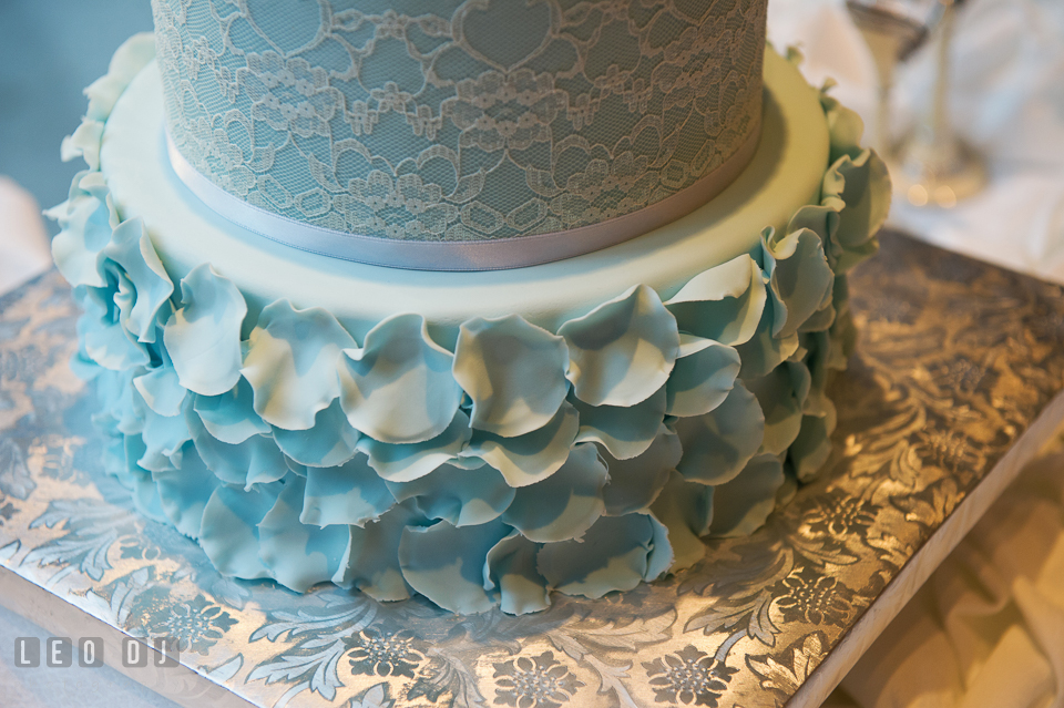 Petals and lace on the wedding cake by Layered Cake Patisserie. Falls Church Virginia 2941 Restaurant wedding ceremony and reception photo, by wedding photographers of Leo Dj Photography. http://leodjphoto.com