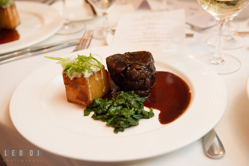 Main course of steak and scallop during wedding reception. Falls Church Virginia 2941 Restaurant wedding ceremony and reception photo, by wedding photographers of Leo Dj Photography. http://leodjphoto.com