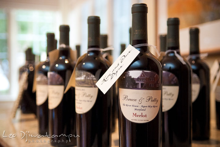 Wedding favor wines with custom label from David and Bonnie Castleberry. Mariott Aspen Wye River Conference Center Wedding photos at Queenstown Eastern Shore Maryland, by photographers of Leo Dj Photography.
